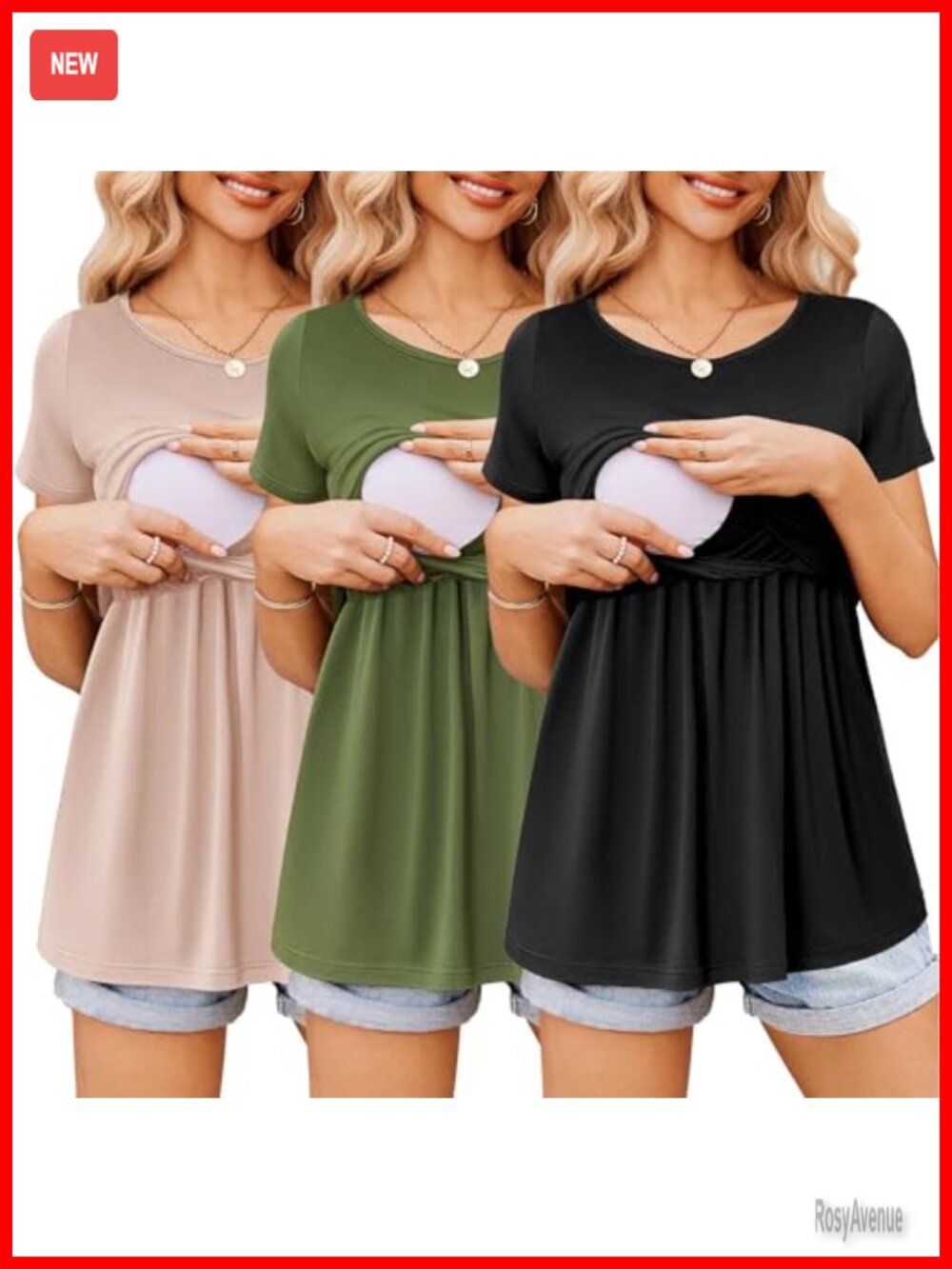 Nursing Tops 3 Pack Short Sleeve Breastfeeding Shirts Double Layer Ruched